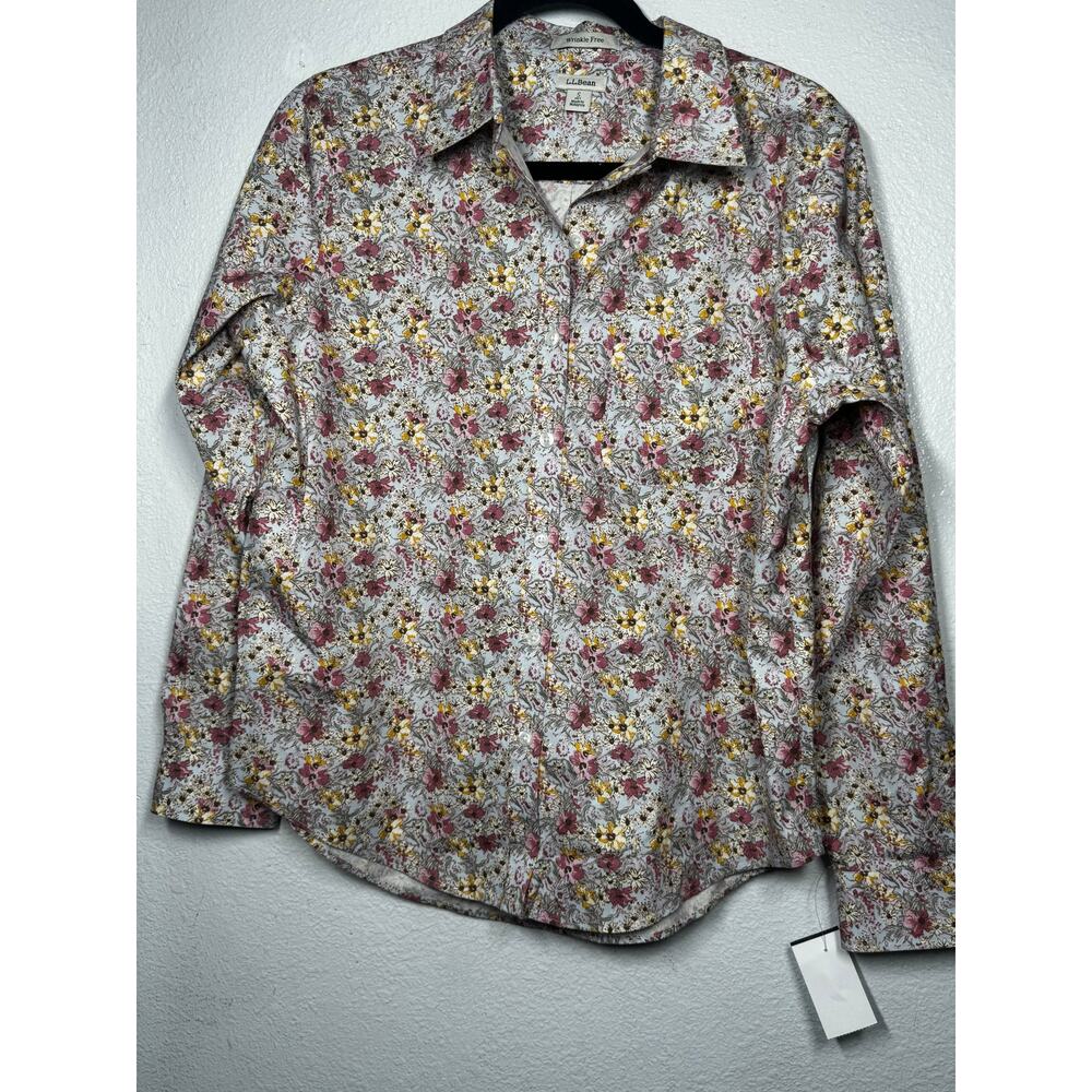 L.L. Bean Button Shirt Top Blue Red Yellow Floral Collared Long Sleeve Sz SP